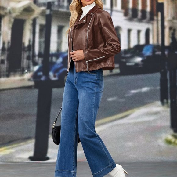 Clearance!! Brand New Zip Up PU Leather Moto Jacket Coffee Brown - Picture 2 of 6